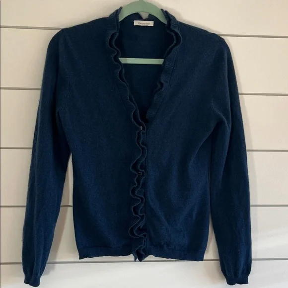 Garnet Gill Deep Blue Ruffle 💯% Cashmere Cardigan Size Small - Picture 3 of 6